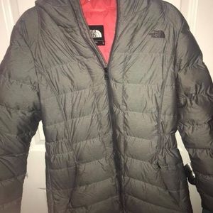 Women’s grey long, hooded north face jacket